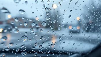 rain drops on the window of a car on a rainy day photo