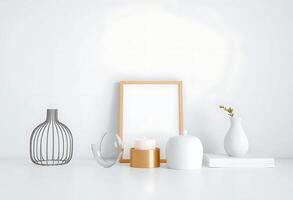 white table topped with vases and a picture frame photo