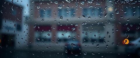 rain covered window with a building in the background photo