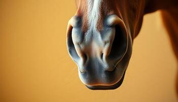 close up of a horse's face with a yellow background photo