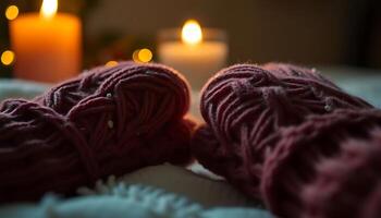 two balls of yarn sitting on a bed next to a candle photo