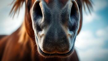 close up of a horse's face with a sky background photo