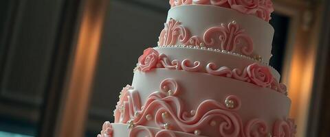 three tiered cake with pink icing and pearls photo