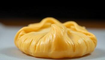 close up of a yellow pastry on a table photo