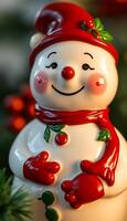 close up of a snowman ornament on a christmas tree photo