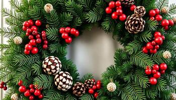 christmas wreath with pine cones and red berries photo