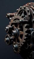 close up of a clock with gears on a black background photo