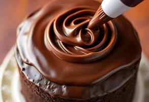 close up of a chocolate frosted cake on a plate photo
