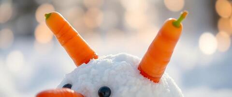 close up of a snowman with carrots on his head photo