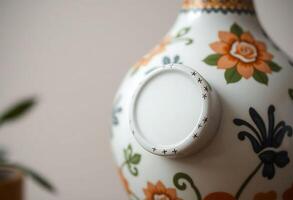 close up of a vase with a flower design on it photo