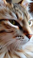 A close up of a cat's face with green eyes photo