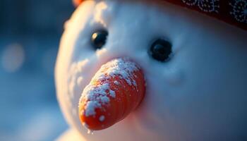 A close up of a snowman with a carrot nose photo