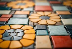 A colorful mosaic tile floor with flowers and leaves photo