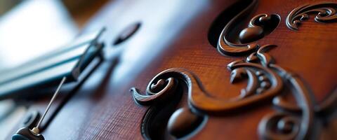 close up of a violin with a book in the background photo