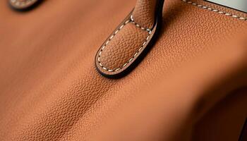 close up of a brown purse with a tag on it photo