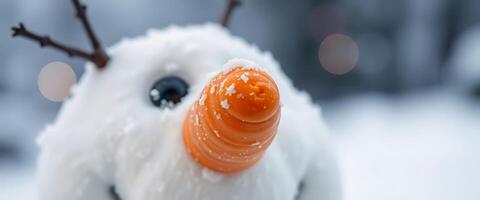 close up of a snowman with a carrot on it's nose photo