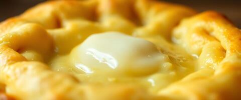 A close up of a pastry with a small egg in it photo