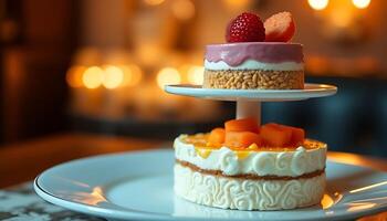 A cake is on a plate with fruit on top photo