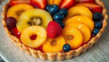 fruit tart on a plate with berries, kiwis, strawberries photo