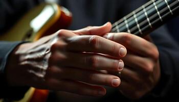 close up of a person holding a guitar photo
