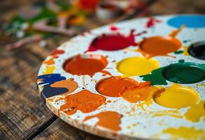 plate of paint sitting on top of a wooden table photo