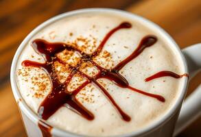 A white cup with a latte and caramel drizzle photo