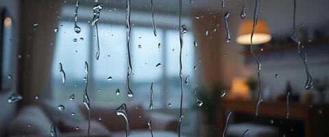 Rain drops on the window of a room photo