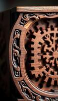 close up of a wooden object with intricate designs photo