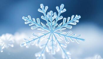 A snowflake is shown in the middle of a blue background photo