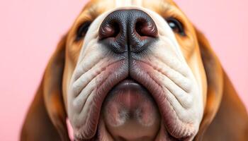A close up of a dog's face with a pink background photo