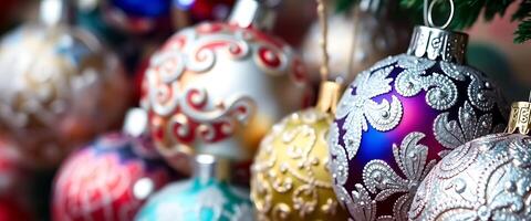 Many different colored christmas ornaments hanging from a tree photo
