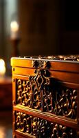 close up of a wooden box with a candle in the background photo