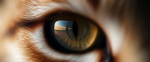 close up of a cat's eye with a blurry image of a photo