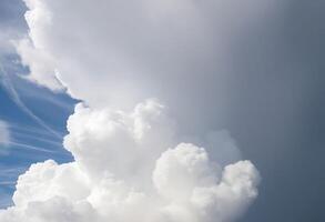 A plane flying through the clouds with a blue sky photo