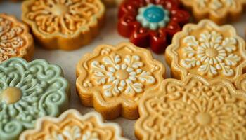 Many different colored cookies are arranged on a table photo