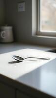 spoon sitting on top of a table next to a window photo