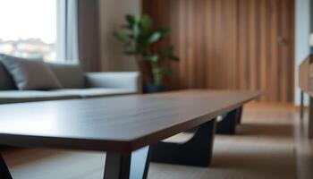 A table in front of a couch in a living room photo
