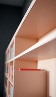 A shelf with books on it in a room photo
