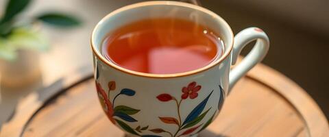 cup of tea sitting on top of a wooden table photo