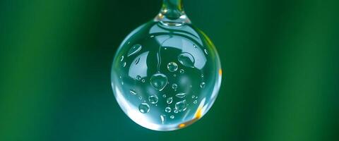 drop of water hanging from a green background photo