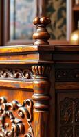 close up of a wooden table with a mirror in the background photo