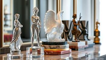 couple of statues sitting on top of a table photo