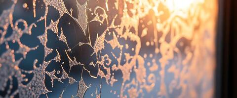 A frosty window with a sunset in the background photo