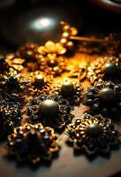 table topped with lots of different types of brooches photo