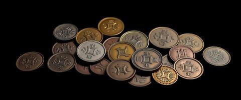pile of chinese coins on a black background photo