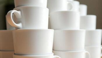 stack of white coffee cups sitting on top of a wooden table photo