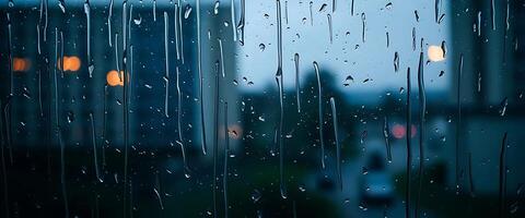 rain drops on a window with buildings in the background photo