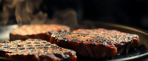 Steak cooking on a pan with smoke coming out of it photo