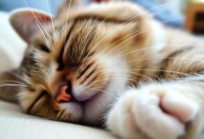 A close up of a cat sleeping on a couch photo