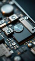 close up of a circuit board with a clock on it photo